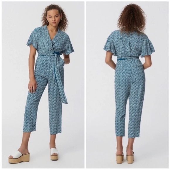 Diane Von Furstenberg Athena Crepe Belted Jumpsuit in Geo - Picture 1 of 7
